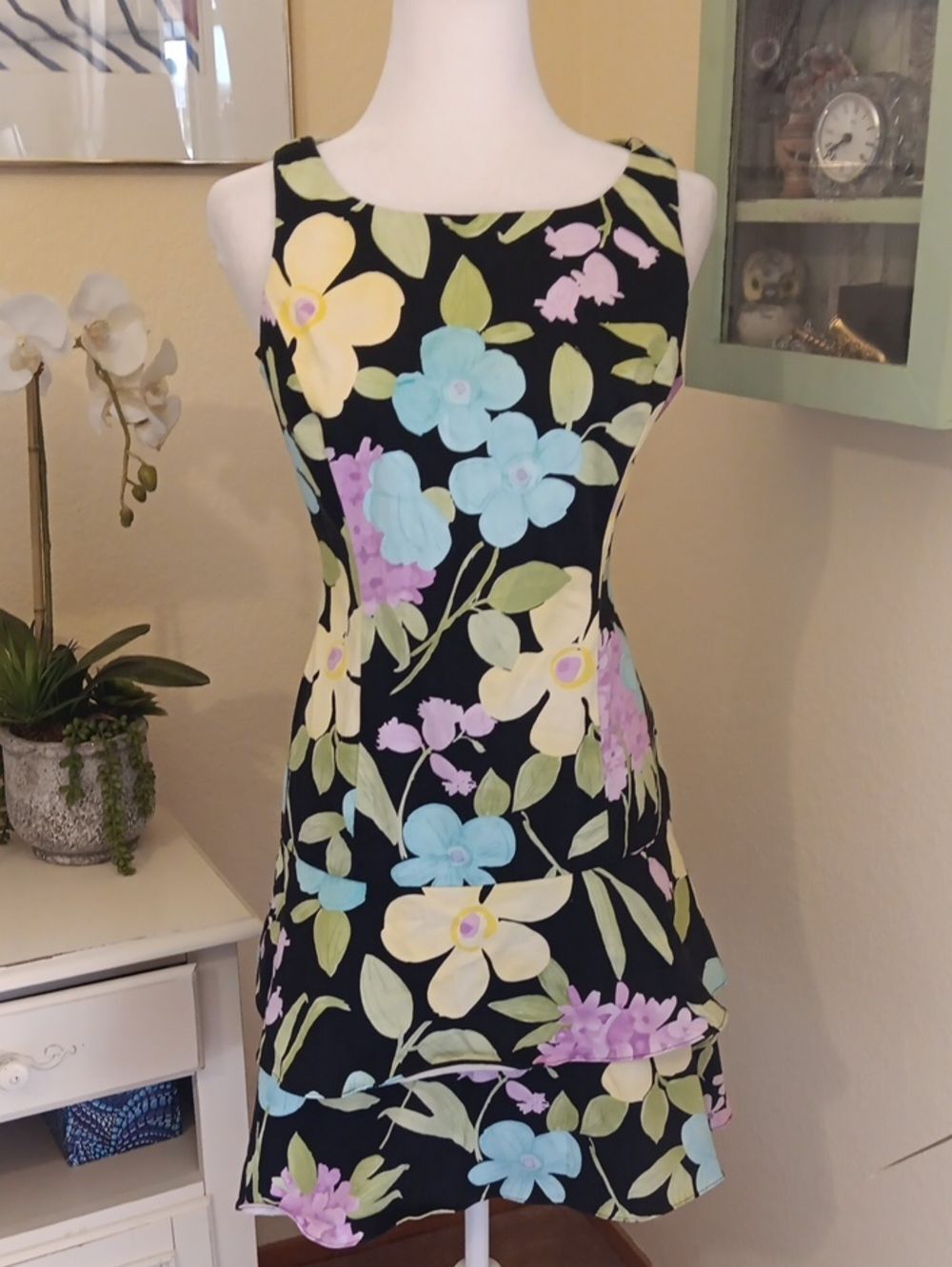 Nine West Black Floral Sleeveless A-Line Dress with Pastel Blooms. Floral. Tiers